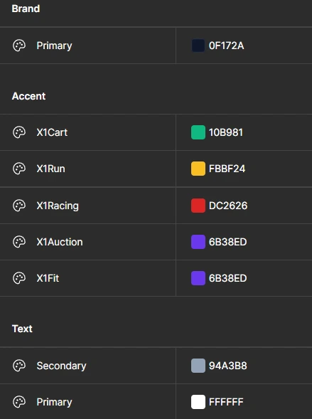 X1 Racing Color Palette